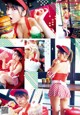 A collage of photos of a woman eating a hamburger.