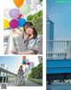 A woman holding a bunch of colorful balloons on a bridge.