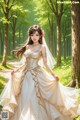 A woman in a wedding dress walking through a forest.