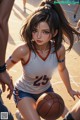 A girl in a basketball uniform holding a basketball.