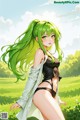 A woman with long green hair standing in a field.